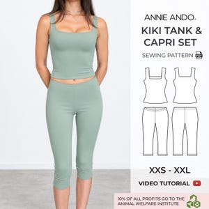 May include: A sage green tank top and capri leggings set sewing pattern by Annie Ando. The digital PDF includes technical line drawings of the tank and capris, sizing from XXS to XXL, and a video tutorial. The set features a square neckline.