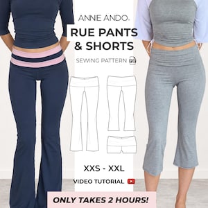 Rue Foldover Waistband Flared Leggings, Capris and Mini Shorts Sewing Pattern PDF Download, XXS - XXL, Women's Activewear Lounge Pants