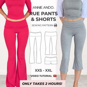 Puede incluir: Un patrón de costura para pantalones y shorts Rue de Annie Ando, en tallas de XXS a XXL. La imagen muestra un pantalón acampanado rosa y un pantalón corto gris, junto con dibujos técnicos de líneas y texto.