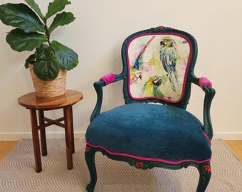 Tropical Parrot French Chair: Hand-Painted Teal Frame, Fuchsia Velvet