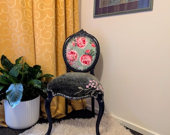 Vintage Black French Chair | Peony Floral Backrest | Sage Green Boucle Seat | Statement Accent Chair