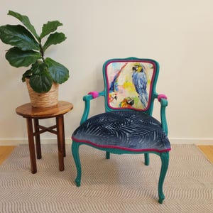 Tropical Parrot French Chair | Teal Frame | Textured Velvet & Botanical Upholstery | Colourful Statement Accent Chair