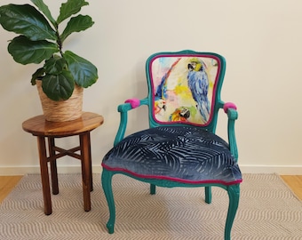 Tropical Parrot French Chair | Teal Frame | Textured Velvet & Botanical Upholstery | Colourful Statement Accent Chair