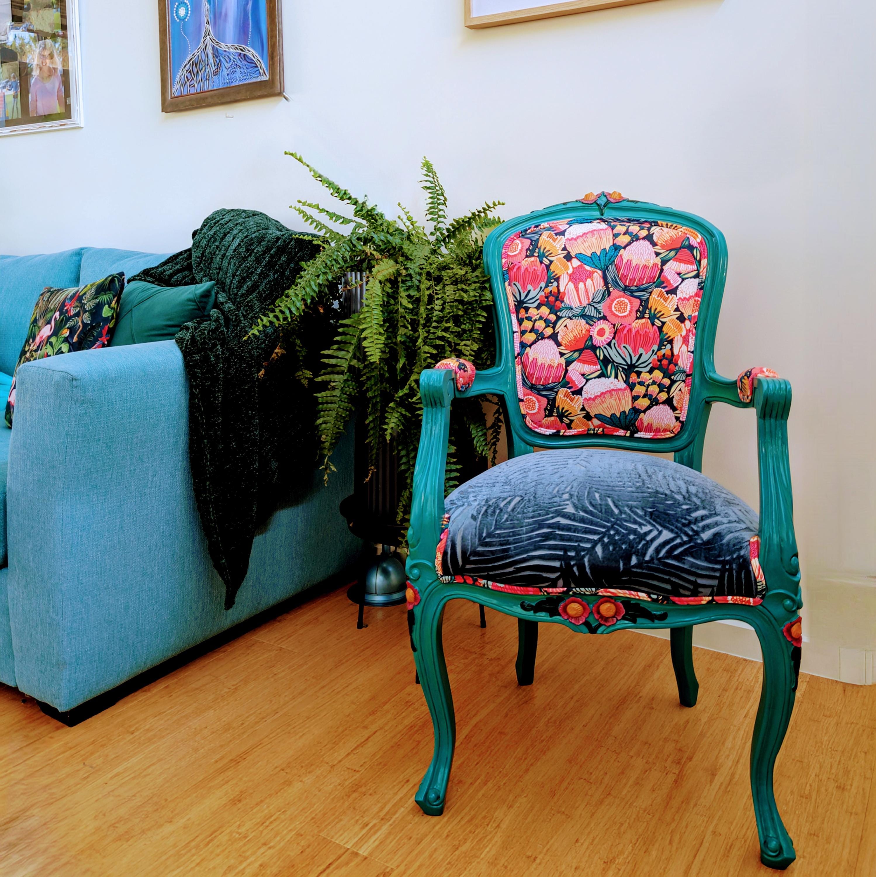 Hand-Painted French Armchair: Botanical Floral Velvet Accent Chair