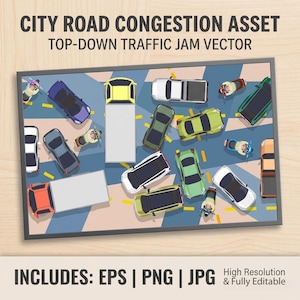 Puede incluir: Ilustración de arriba hacia abajo de un atasco de tráfico con varios vehículos, incluidos coches, camiones y motocicletas, en una carretera con marcas amarillas. La imagen incluye el texto "CITY ROAD CONGESTION ASSET" y "TOP-DOWN TRAFFIC JAM VECTOR". También incluye el texto "INCLUDES: EPS | PNG | JPG".