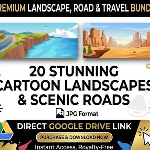 Può includere: Una collezione di 20 illustrazioni di paesaggi di cartoni animati e strade panoramiche. Le immagini presentano vari ambienti, tra cui montagne, deserti e scene costiere. Il testo sull'immagine recita "PREMIUM LANDSCAPE, ROAD & TRAVEL BUNDLE" e "20 STUNNING CARTOON LANDSCAPES & SCENIC ROADS".