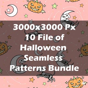 May include: A pink background with a Halloween-themed pattern. The design includes jack-o'-lanterns, stars, crescent moons, and skeleton dogs. Text reads "3000x3000 Px 10 File of Halloween Seamless Patterns Bundle."