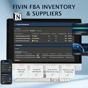 Könnte beinhalten: Ein Computerbildschirm mit Inventarverwaltungssoftware und dem Text "FIVIN FBA INVENTORY & SUPPLIERS." Ein Smartphone und eine Tastatur befinden sich im Vordergrund. Der Bildschirm zeigt Nachbestellbenachrichtigungen, eine Lieferantendatenbank und die Rückverfolgung.