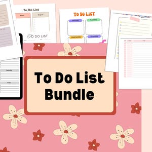 May include: A collection of printable To Do List templates in various designs. The bundle includes templates for daily, weekly, and general lists. The text "To Do List Bundle" is displayed on a pink background with floral patterns. The templates are in shades of pink, beige, and blue.