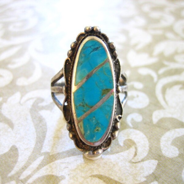 Vintage Sterling Silver Indian Inlaid Turquoise Ring