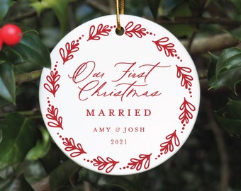 Just Married, Our First Christmas Married with Date Porcelain Ceramic Christmas Ornament, Marriage, Miss to Mrs., Couples Gift, First Xmas