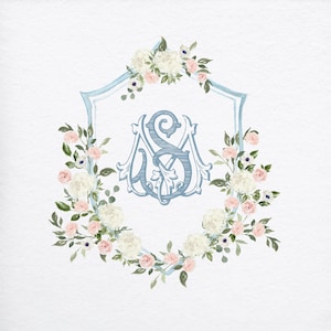 Blue and White Wedding Crest | Monogram Crest | White Wedding Crest | Watercolor Crest | Pink Floral Monogram | Dusty Blue Wedding Monogram