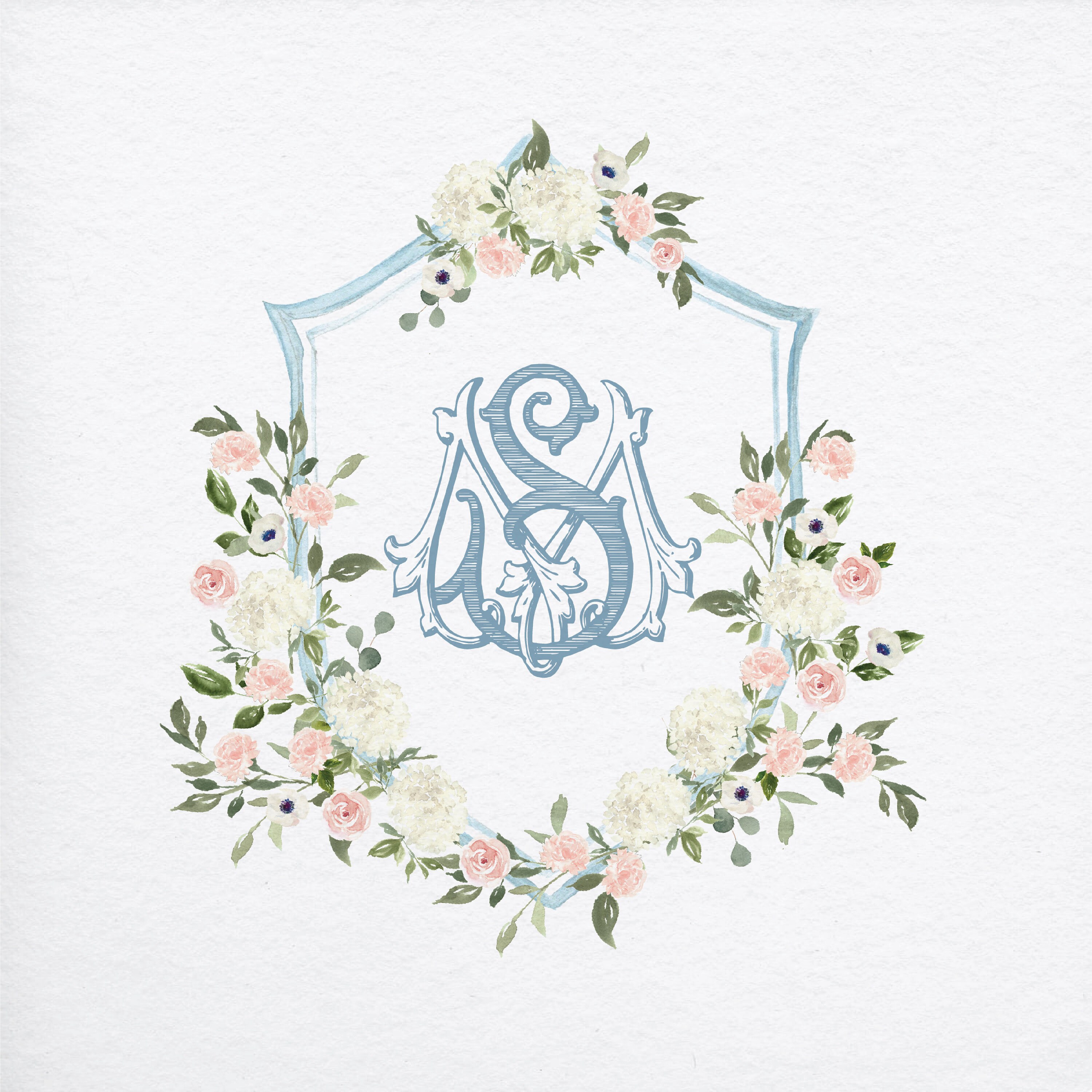 Dark and Light Blue and White Wedding Crest Blue Watercolor 