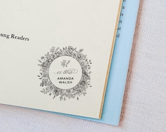 Ex Libris Stamp, Library Stamp, This Book Belongs To, Personalized Book Lover Gift, Custom Christmas Gift, Flower Bookplate