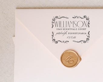 Return Address Stamp: Self-Inking Stamp with Scalloped Border and Bows, Cute Address Stamp