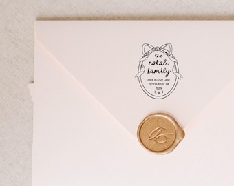 Bow Address Stamp, Cute Return Address Stamp with Circular Bow Border, Coquette Self-Inking Wedding Invitation Stamp, Housewarming Gift