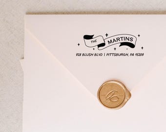 Custom Address Stamp: Ribbon Banner, Self-Inking or Wood Handle