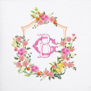 Pink and Orange Wedding Crest | Monogram Crest | Citrus Wedding Crest | Watercolor Crest | Pink Floral Monogram | Custom Wedding Monogram