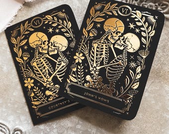 Halloween Wedding Vow Books Set: Gold Foil Gothic Skeleton Design
