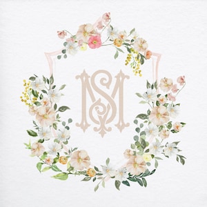 Blush and Gold Wedding Crest | Monogram Crest | Spring Wedding Crest | Watercolor Crest | Pink Floral Monogram | Custom Wedding Monogram