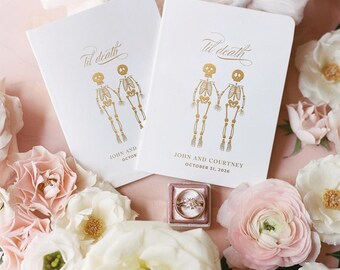 Halloween Wedding Vow Books Set: Gold Foil Skeleton Design