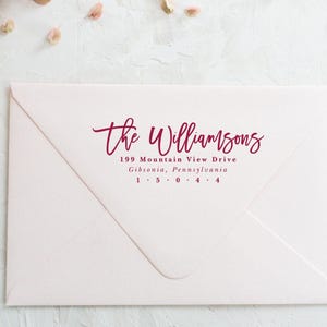 May include: A pale pink envelope featuring dark red printed text that reads the Williamsons, 199 Mountain View Drive, Gibsonia, Pennsylvania, 1 5 0 4 4. The envelope has a triangular flap and is positioned horizontally on a textured white surface.