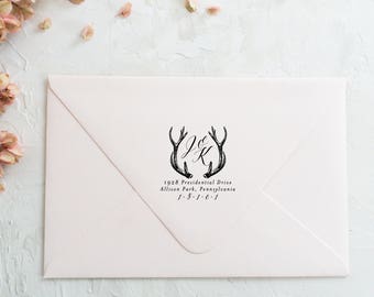 Return Address Stamp, Deer Antler Address Stamp, Custom Stamp, Personalized Stamp, Self Inking Stamp, Deer Stamp, Calligraphy Address Stamp