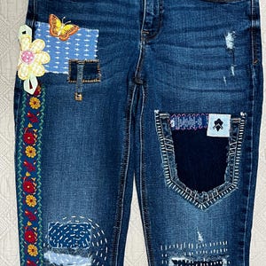 Upcycled Old Navy Jeans (Size 6): Sashiko Hand Stitched Denim, Recycled Patches