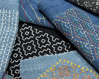 Handmade Sashiko Embroidered Denim Patches One-of-a-Kind Small Sizes