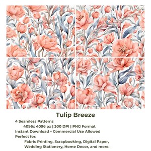 Tulipe PNG transparente motif – Papier numérique floral aquarelle | 300 ppp pour le tissu, les cartes, les imprimés