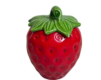 Vintage Ceramic Strawberry Cookie Jar Canister Red Fruit Kitchen Storage Lid 5"T