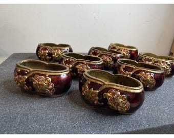 Vintage Cloisonné Napkin Rings Set of 8 • Red & Gold Enamel Brass Table Decor