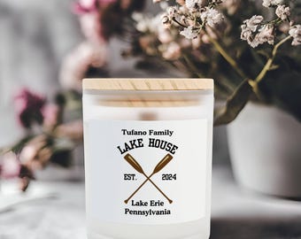 Vela de vidrio esmerilado personalizada de la Casa del Lago, vela de soja personalizada, decoración de la Casa del Lago, regalo relajante para el hogar, vela para cualquier ocasión