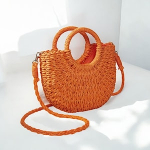 Handwoven Straw Rattan Half-Moon Bag – Boho Summer Crossbody & Beach Shoulder Handbag for Women