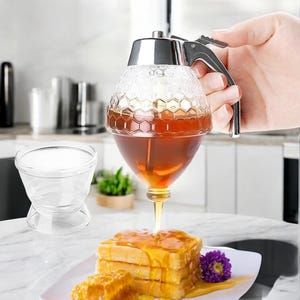 Bee Honey Dispenser Jar: No-Drip Acrylic Syrup Kettle with Stand