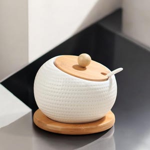 White Ceramic Seasoning Jars with Wooden Lids – Salt & Spice Canisters with Spoon Set – Kitchen Organizer Sugar Box