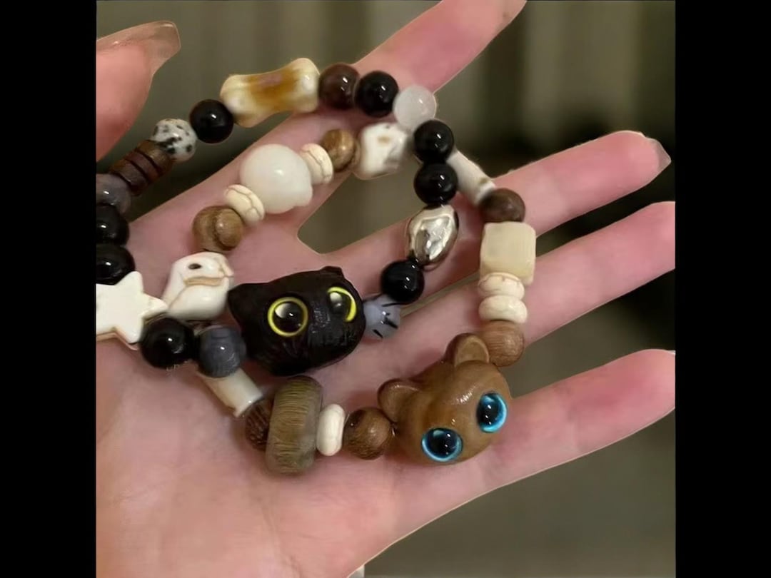 Handmade Wooden Beaded Kitten Bracelet: Anime Cat Jewelry Gift - Etsy