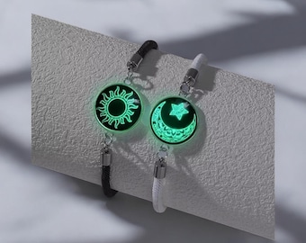 Pulseras de pareja Sol y Luna: pulseras de cuerda a juego que brillan en la oscuridad, hechas a mano, para él y para ella.