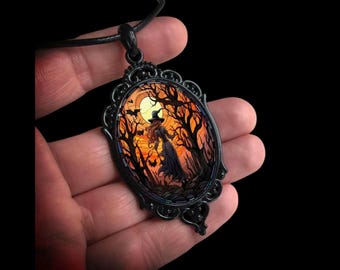 Collar con camafeo de terror gótico: gargantilla de bruja, murciélago, gato y castillo para mujer y hombre, joyería de Halloween.