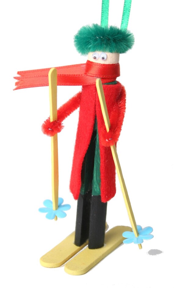 Items similar to Holiday Skier clothespin ornament Kit (makes 2) on Etsy
