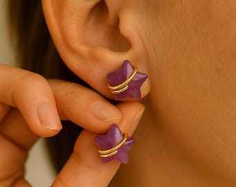 Amethyst Star Stud Earrings – Celestial Purple Crystal Jewelry , Gold Wrapped Small Earrings , Birthstone Studs