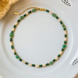 Freshwater Pearl  Green Jade Beaded Necklace – 14K Gold Filled Elegant Gemstone Jewelry Gift for Women ,Boho Bead Charm Jewelry Gift for Her