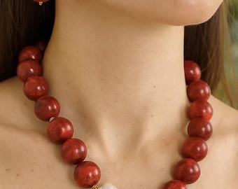Red Coral Necklace and Earrings Set – Elegant Statement Jewelry Gift for Her