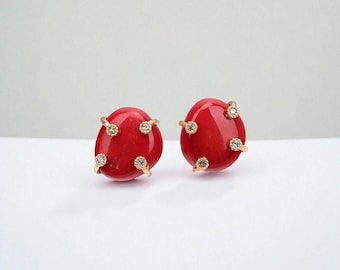 Red Coral Stud Earrings – Small Dainty Gemstone Jewelry , Minimalist 14K Gold Plated , Gift for Her or Mom