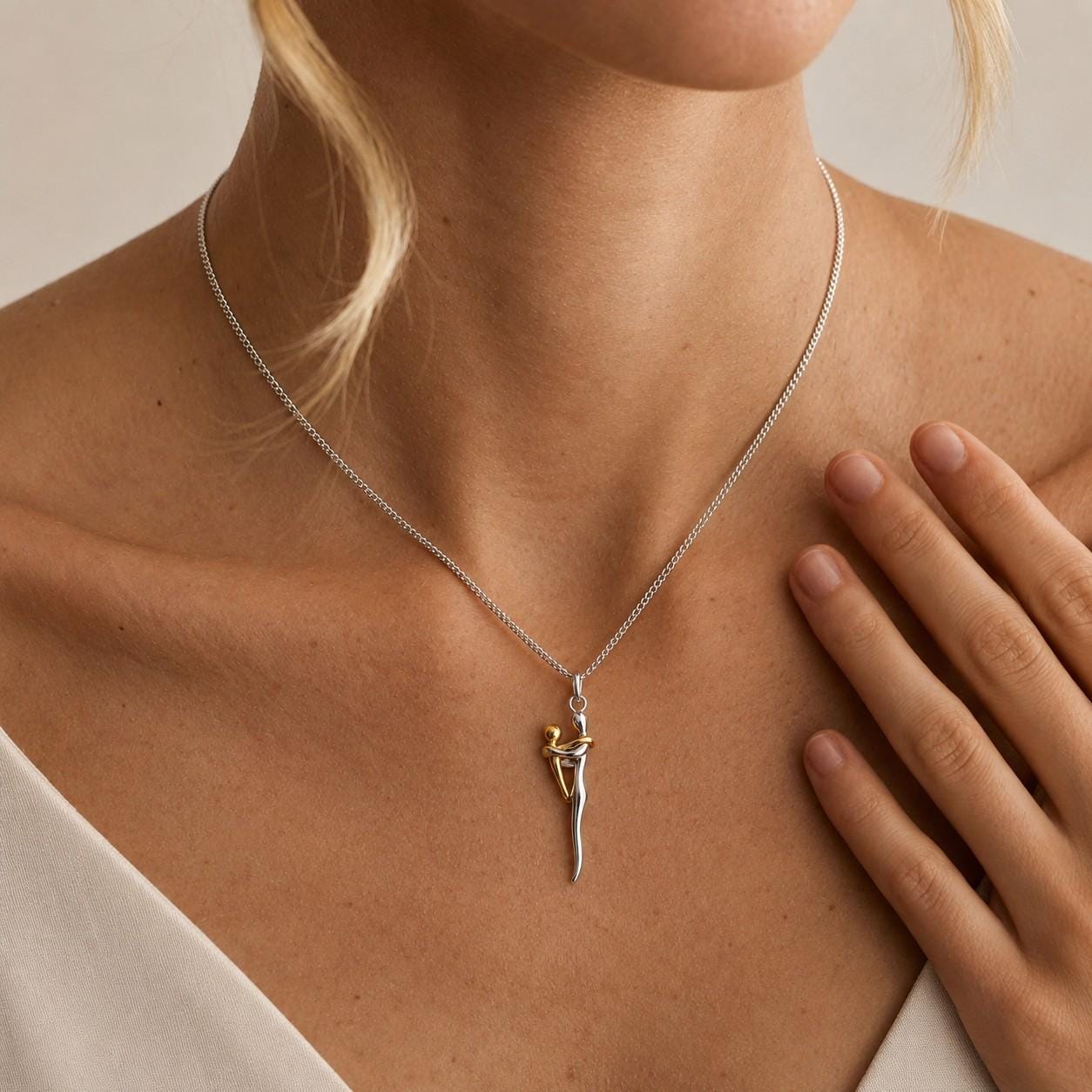 Hug Necklace - Mom & Child Pendant, Stainless Steel, Silver Gold Color, Love Embrace Jewelry, Gift for New Mom