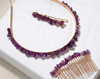 Amethyst Hair Accessories Set – Purple Crystal Headband , Gemstone Hair Comb and Clip , Hair Jewelry , Gift for Her