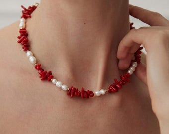 Red Coral Necklace with Pearl  – Dainty Beaded Crystal Gemstone Jewelry , Natural Stone Choker , Gift for Her