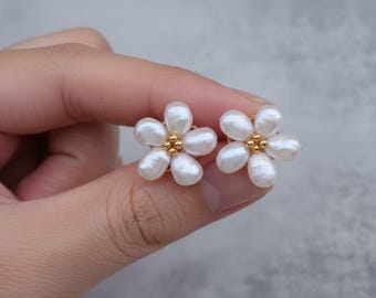 Flora Freshwater Pearl Stud Earring, Natural Handmade Beaded