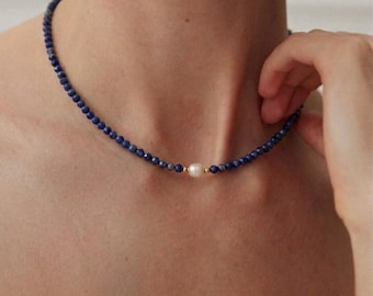 Lapis Lazuli Choker Necklace with Pearl – Dainty Minimalist Blue Crystal , Beaded Gemstone Birthstone Jewelry , Gift for Her or Mom