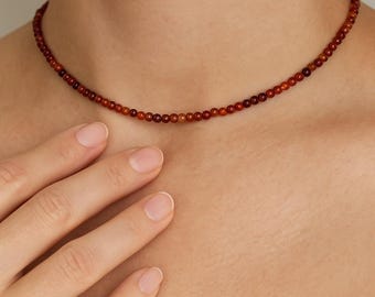 Carnelian Choker Necklace – Genuine Beaded Choker , 18K Gold Plated Jewelry , Dainty  Red Stone Necklace , Birthstone Gift for Her